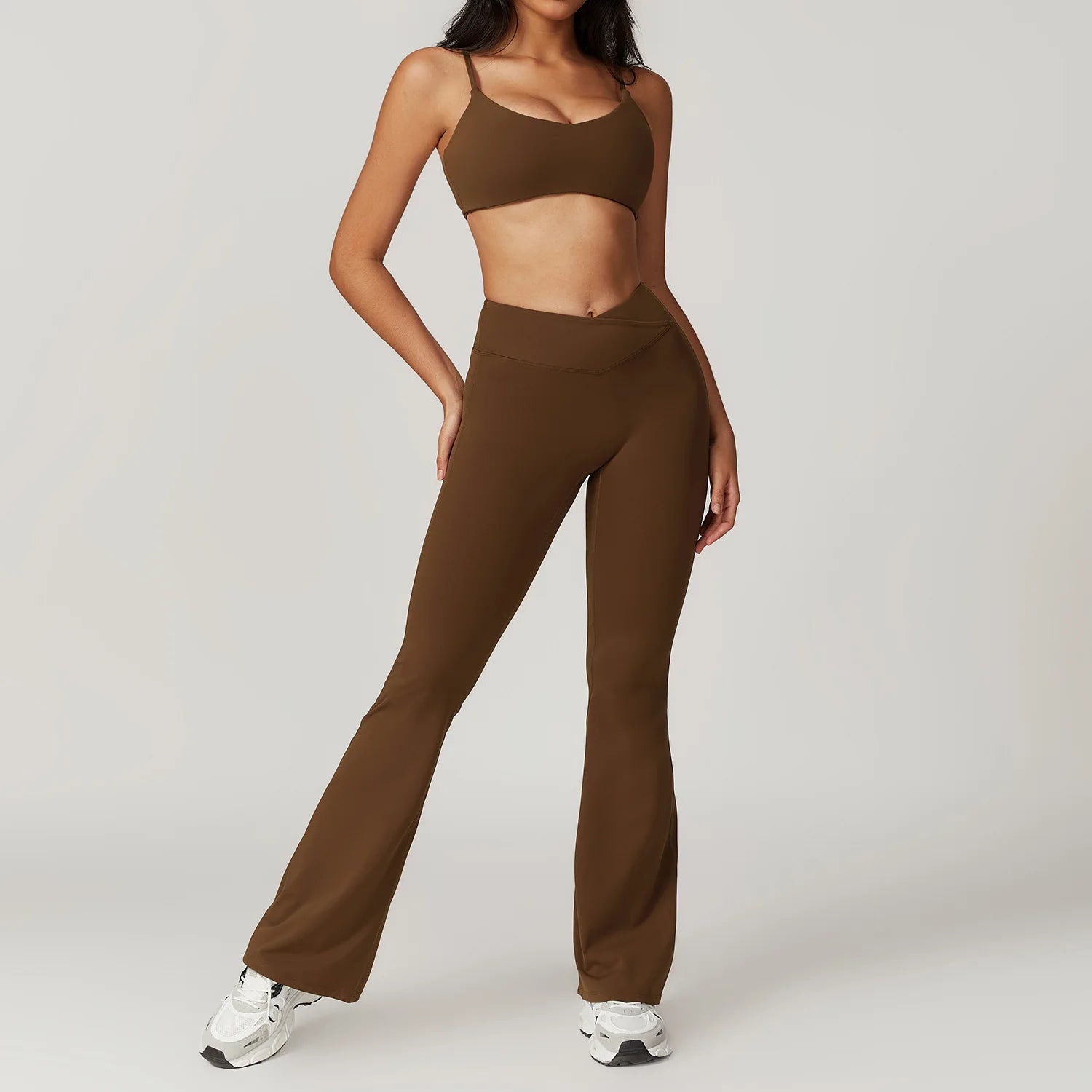 Yoga Set for Women | 2-Piece Short Sleeve Crop Top and High Waisted Leggings Workout Outfit with Quick-Dry Stretch Fabric Light Coffee Set-4