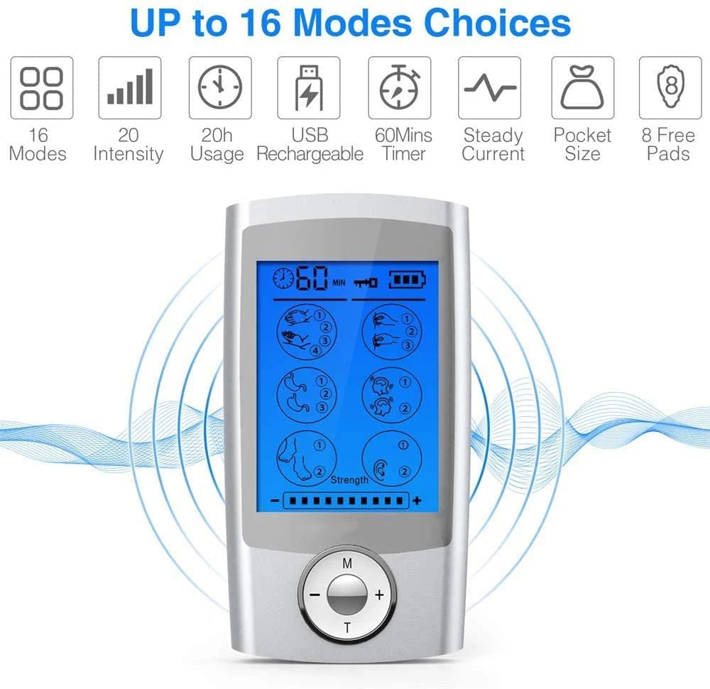 Portable TENS & EMS Pain Relief Massager | Dual Channel Muscle Stimulator with 16 Modes, 10 Intensity Levels, Rechargeable for Back & Neck Pain