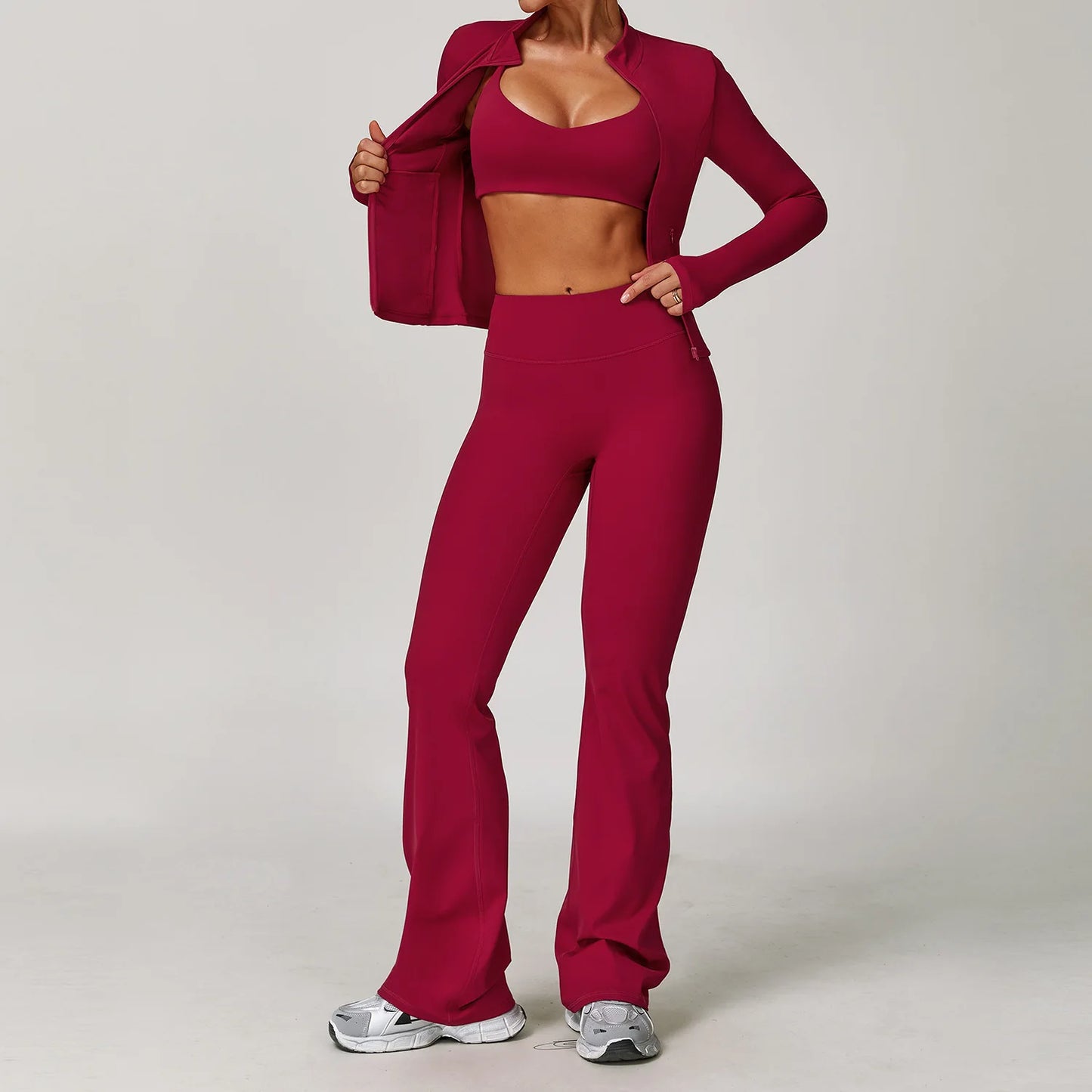 Seamless Yoga Set for Women | Long Sleeve Sports Bra and Leggings Workout Set with Breathable Stretch Fabric Raspberry Red 3PCS-1