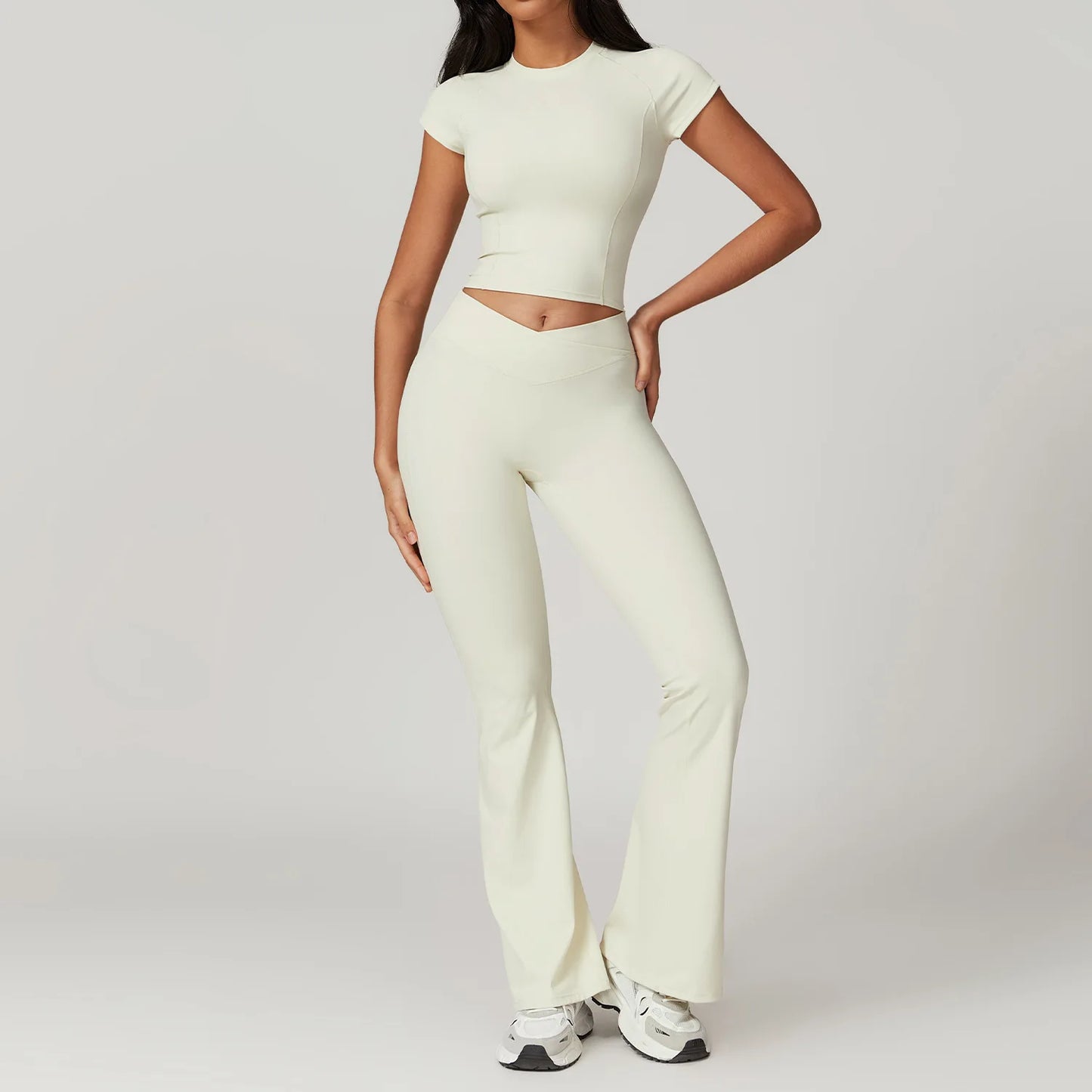 Yoga Set for Women | 2-Piece Short Sleeve Crop Top and High Waisted Leggings Workout Outfit with Quick-Dry Stretch Fabric Cream Apricot Set-2