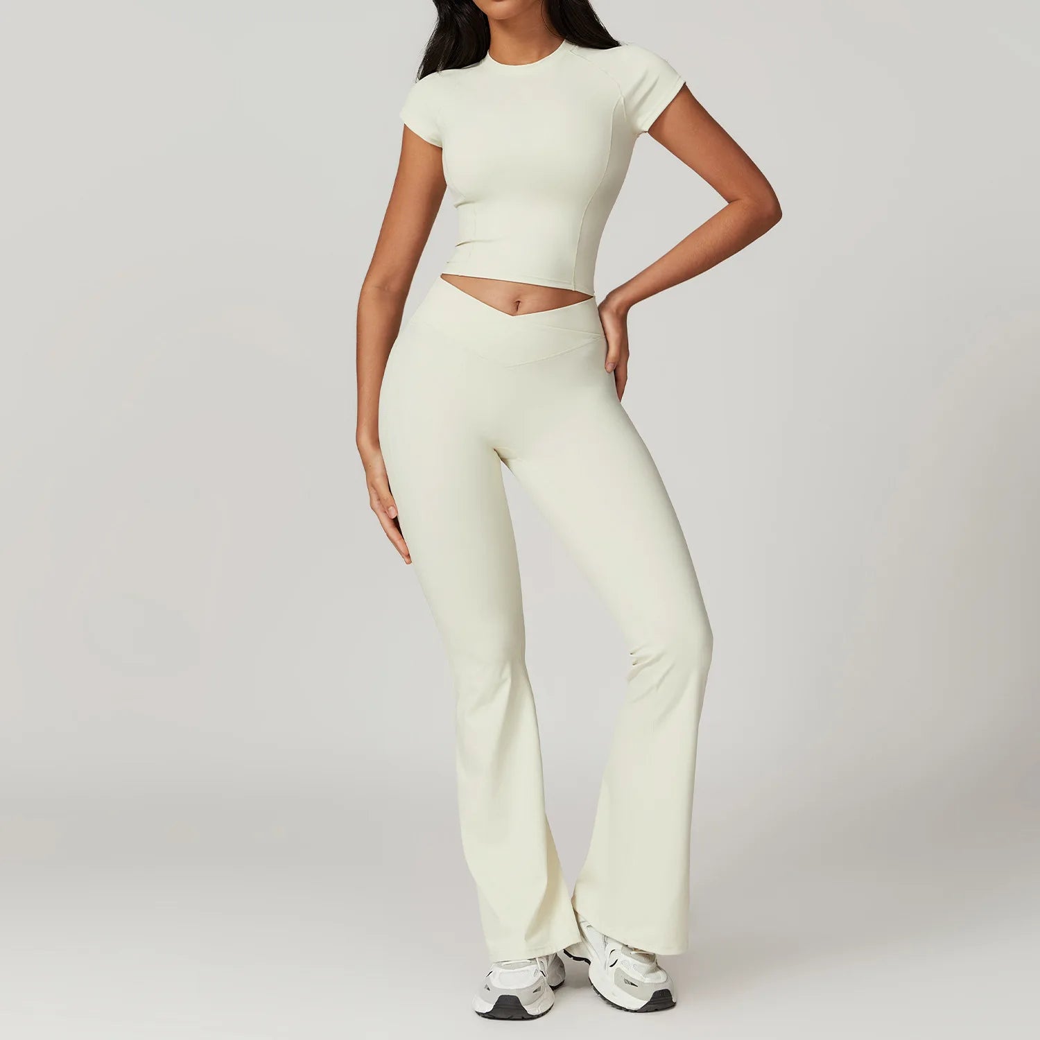 Yoga Set for Women | 2-Piece Short Sleeve Crop Top and High Waisted Leggings Workout Outfit with Quick-Dry Stretch Fabric Cream Apricot Set-2