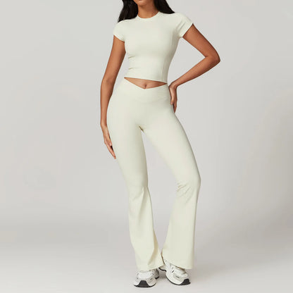 Yoga Set for Women | 2-Piece Short Sleeve Crop Top and High Waisted Leggings Workout Outfit with Quick-Dry Stretch Fabric Cream Apricot Set-2