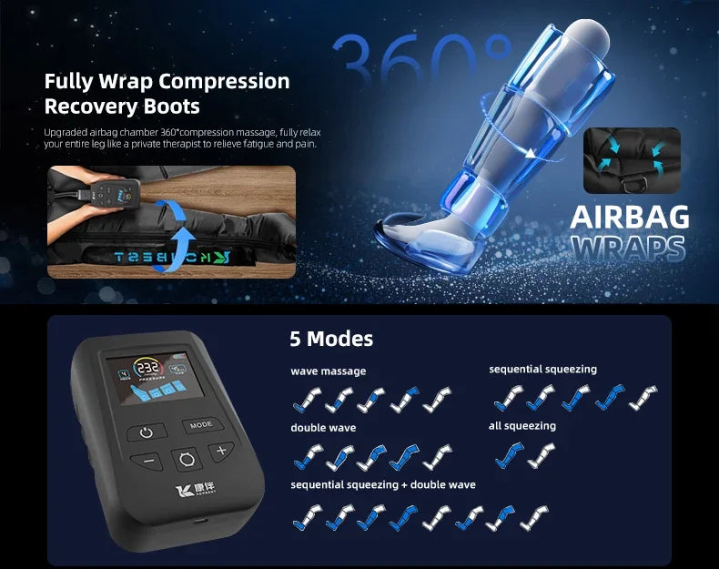 Air Compression Recovery Boots | 4-Chamber Leg Massager with 30–240 mmHg, 5 Intensities, LCD Timer & Rechargeable Battery