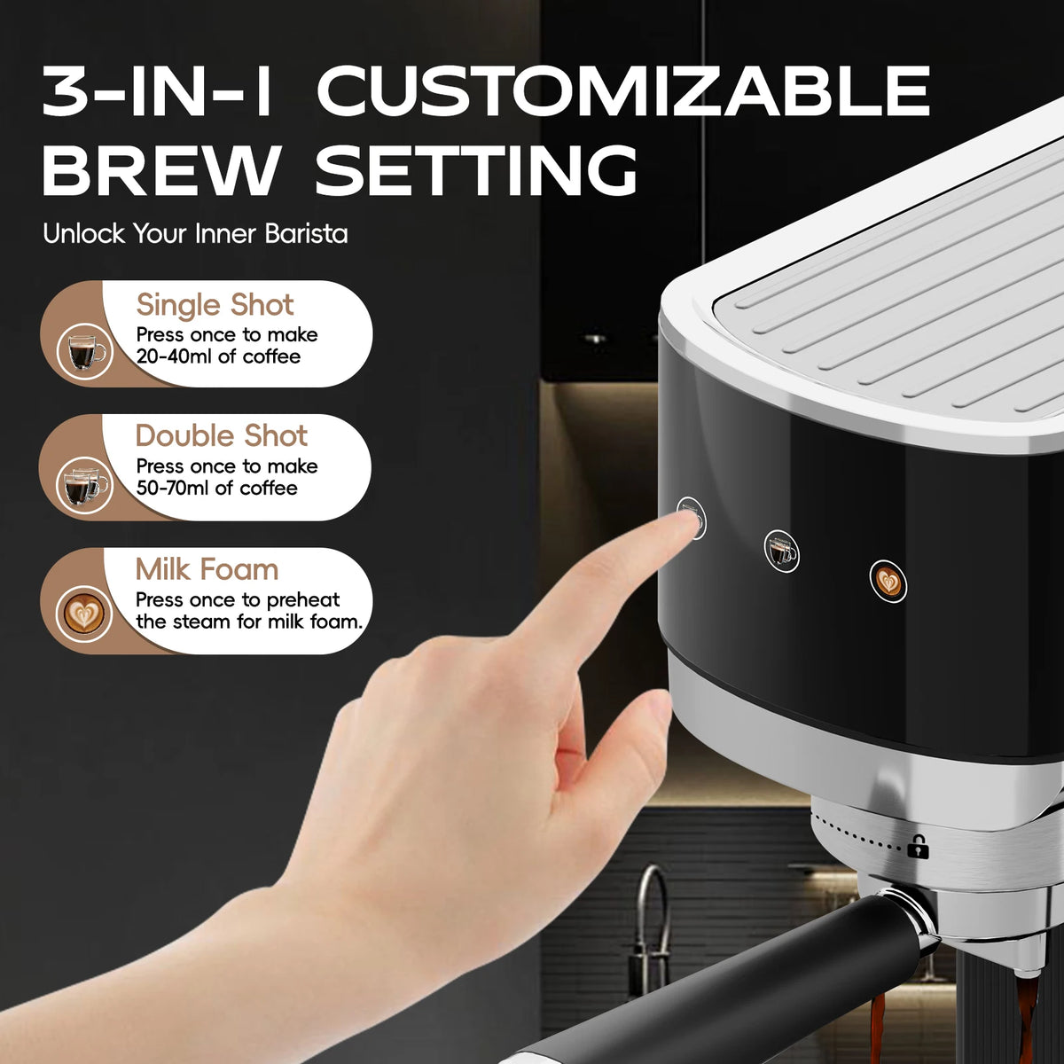 Touchscreen Espresso Machine with Steam Wand and Single/Double-Shot Filters