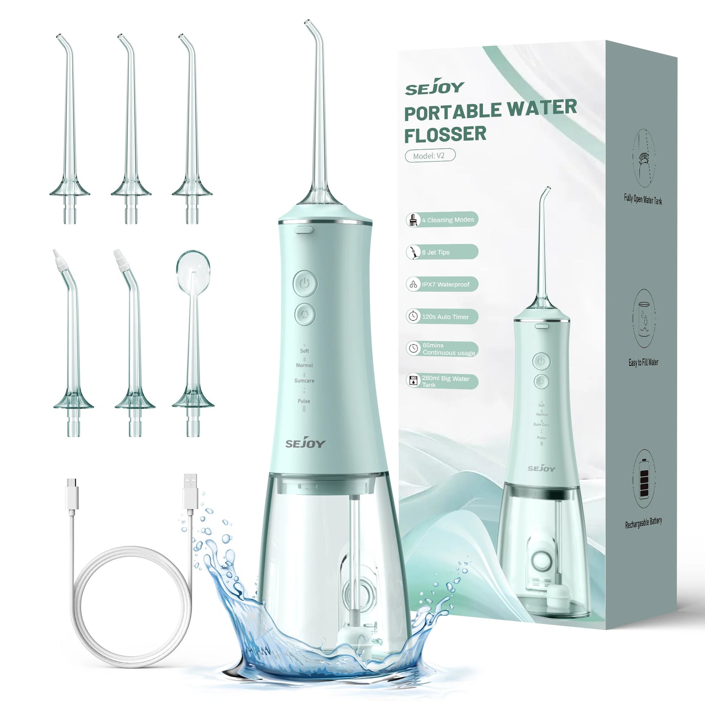 Cordless Water Flosser | 280ml Portable Oral Irrigator | 4 Modes, 6 Tips, USB Rechargeable | 30-Day Battery & IPX7 Waterproof for Deep Dental Cleaning Green