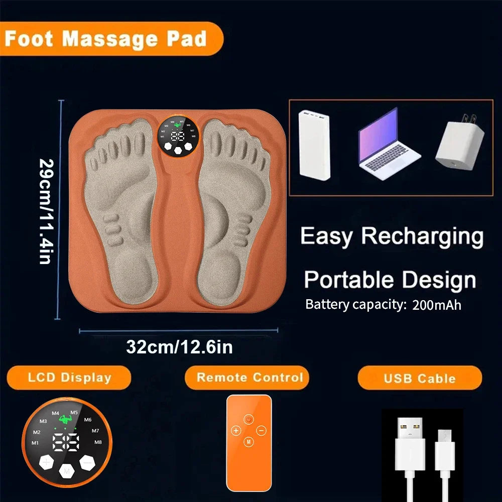 EMS Foot Massager Mat with Remote | 8 Modes, 29 Intensity Levels, Rechargeable Control & Body Electrode Pads