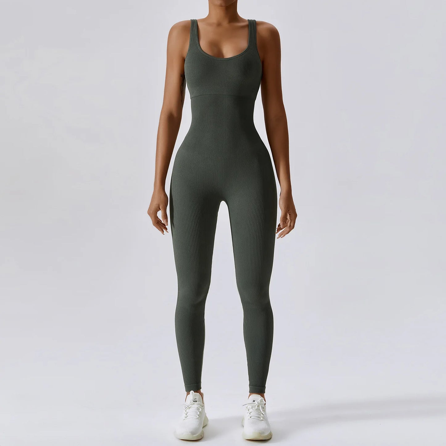 Yoga Jumpsuit for Women | Seamless One Piece Workout Bodysuit with Quick-Dry Stretch Compression Fit Olive Green