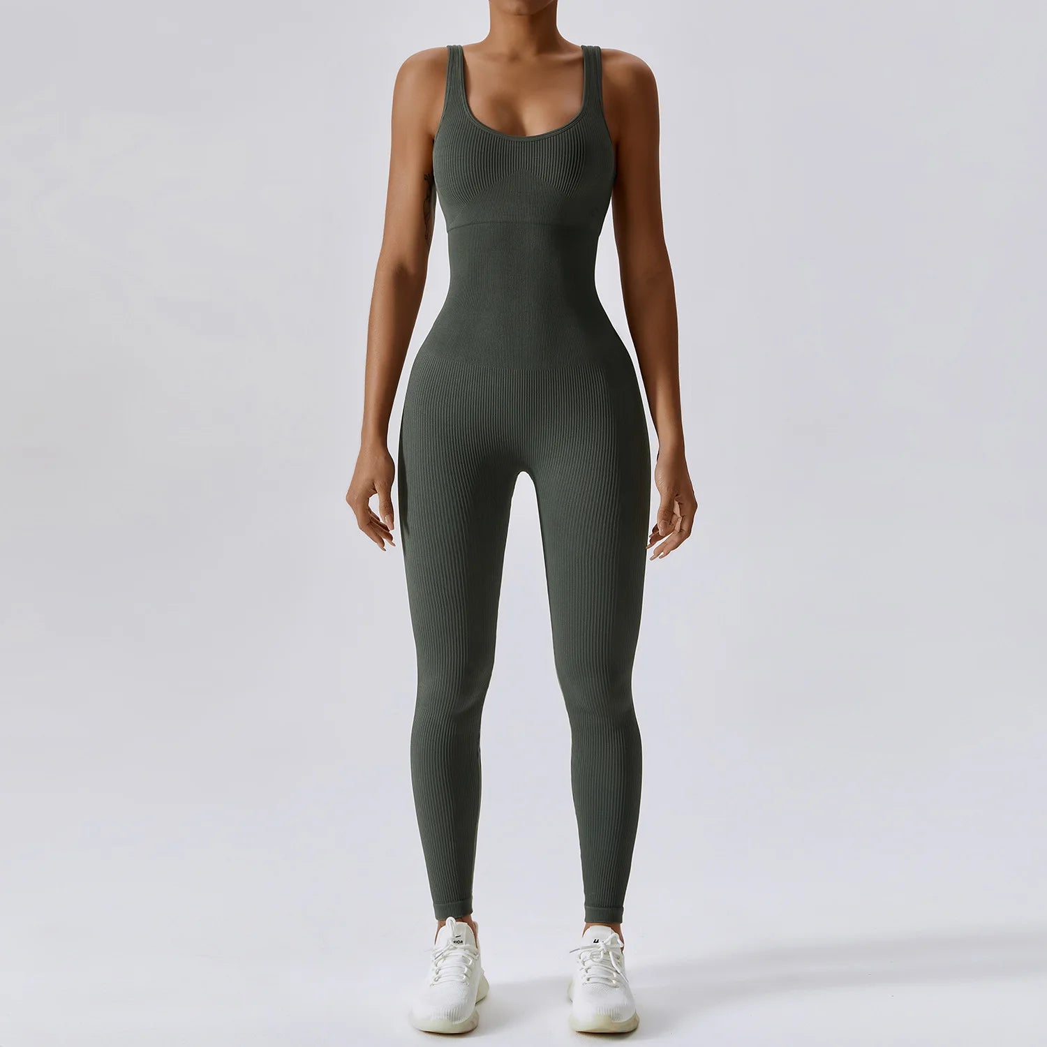Yoga Jumpsuit for Women | Seamless One Piece Workout Bodysuit with Quick-Dry Stretch Compression Fit Olive Green