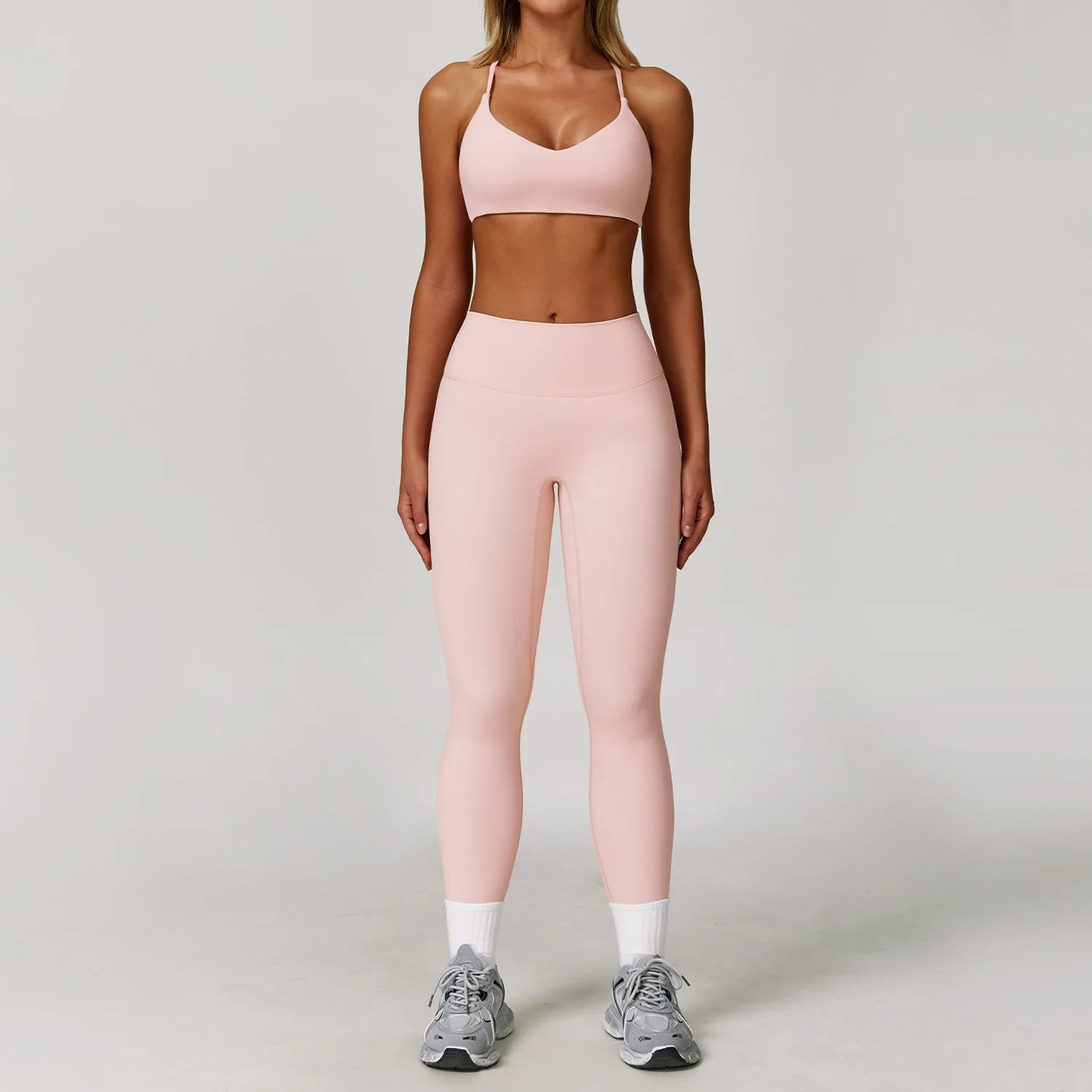 Seamless Yoga Set for Women | Long Sleeve Sports Bra and Leggings Workout Set with Breathable Stretch Fabric Peach powder 2PCS-3