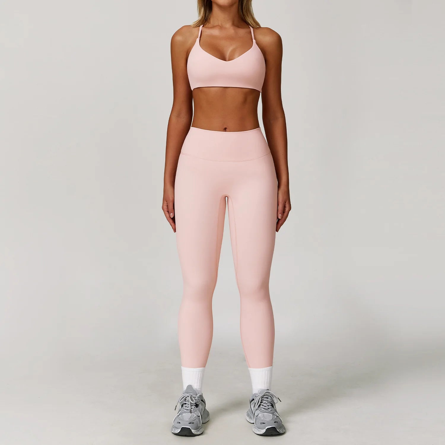 Seamless Yoga Set for Women | Long Sleeve Sports Bra and Leggings Workout Set with Breathable Stretch Fabric Peach powder 2PCS-3