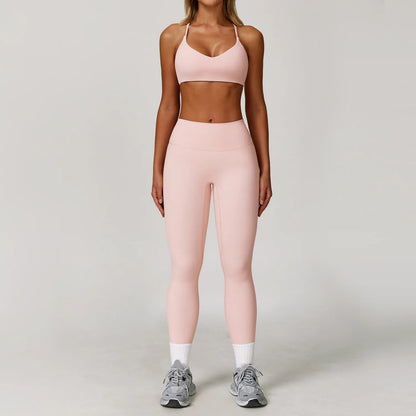Seamless Yoga Set for Women | Long Sleeve Sports Bra and Leggings Workout Set with Breathable Stretch Fabric Peach powder 2PCS-3