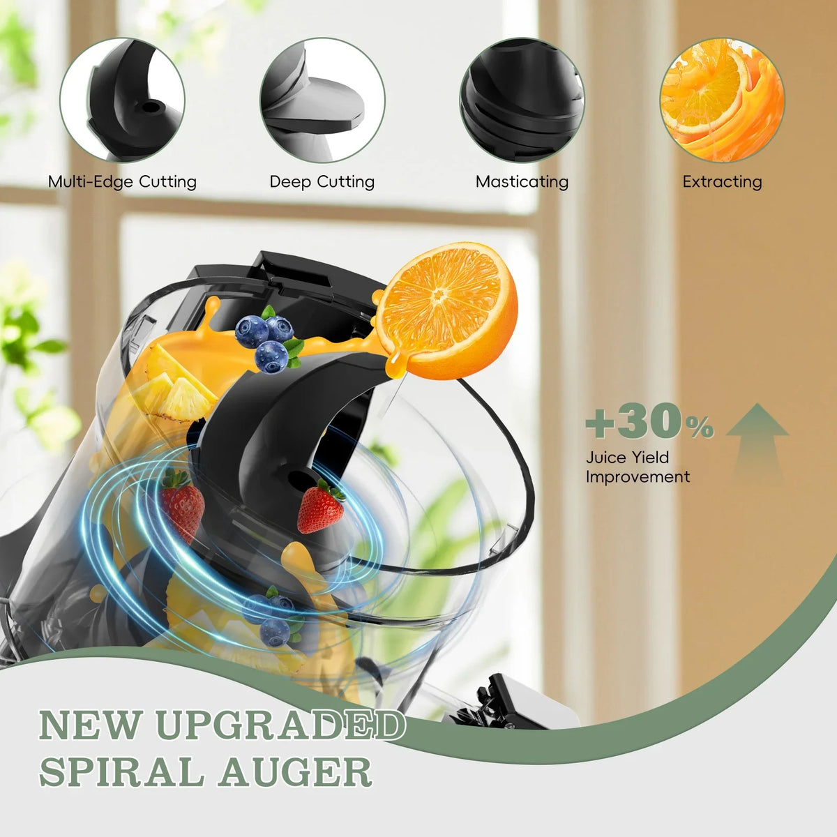 Cold Press Masticating Juicer with 4.35-Inch Feed Chute and Reverse