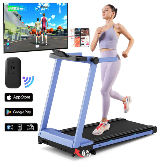 Foldable Treadmill with 6% Incline and 3.5HP Motor | 0.6–10 MPH, 350 lb Capacity, Bluetooth App & 7.9-Inch Folded Height Blue