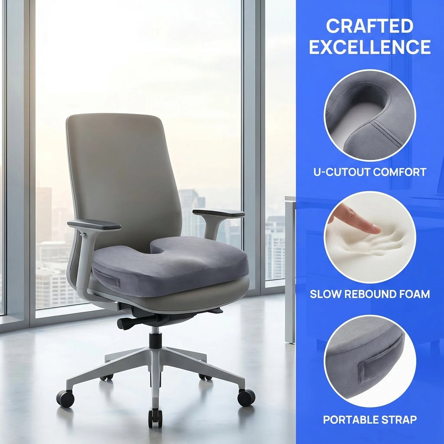 Cooling Gel Memory Foam Seat Cushion | Coccyx Cutout Office Chair Pillow with Non-Slip Base & Breathable Cover