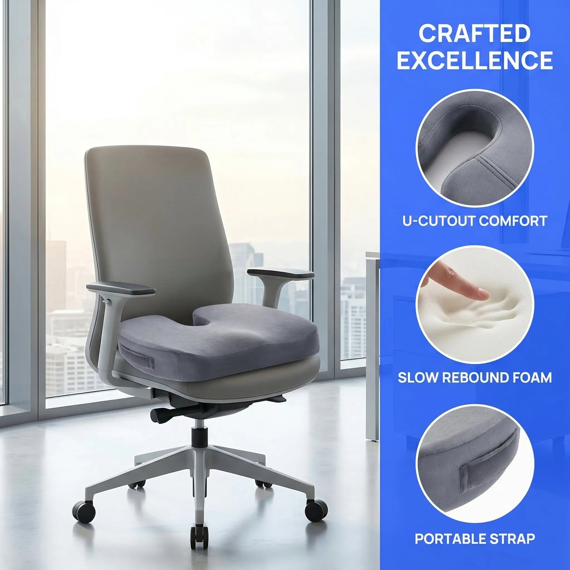 Cooling Gel Memory Foam Seat Cushion | Coccyx Cutout Office Chair Pillow with Non-Slip Base & Breathable Cover