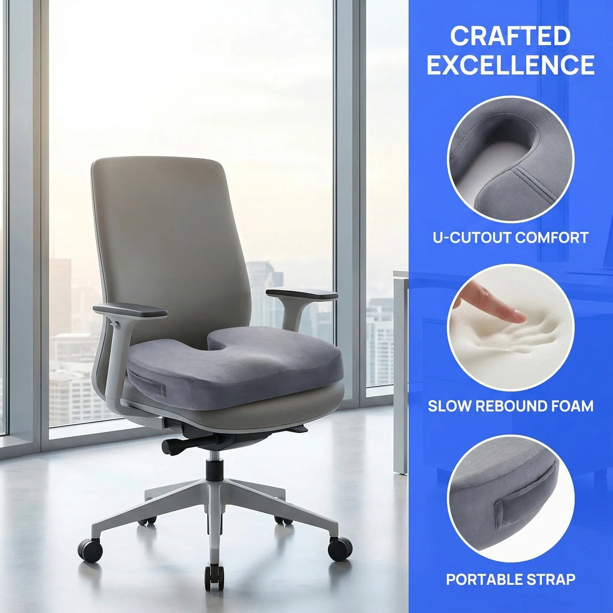 Gel Memory Foam Seat Cushion for Office Chair and Car, Coccyx Cutout