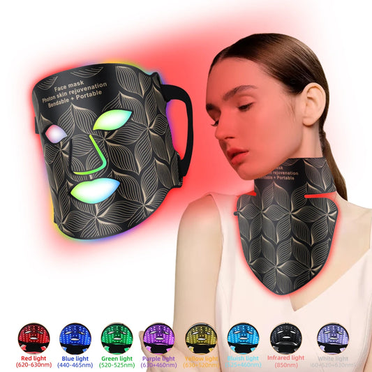 8-Color LED Face and Neck Mask | 480 Light Beams, 3000mAh Rechargeable Battery, Silicone Fit & 10/20/30-Minute Timer