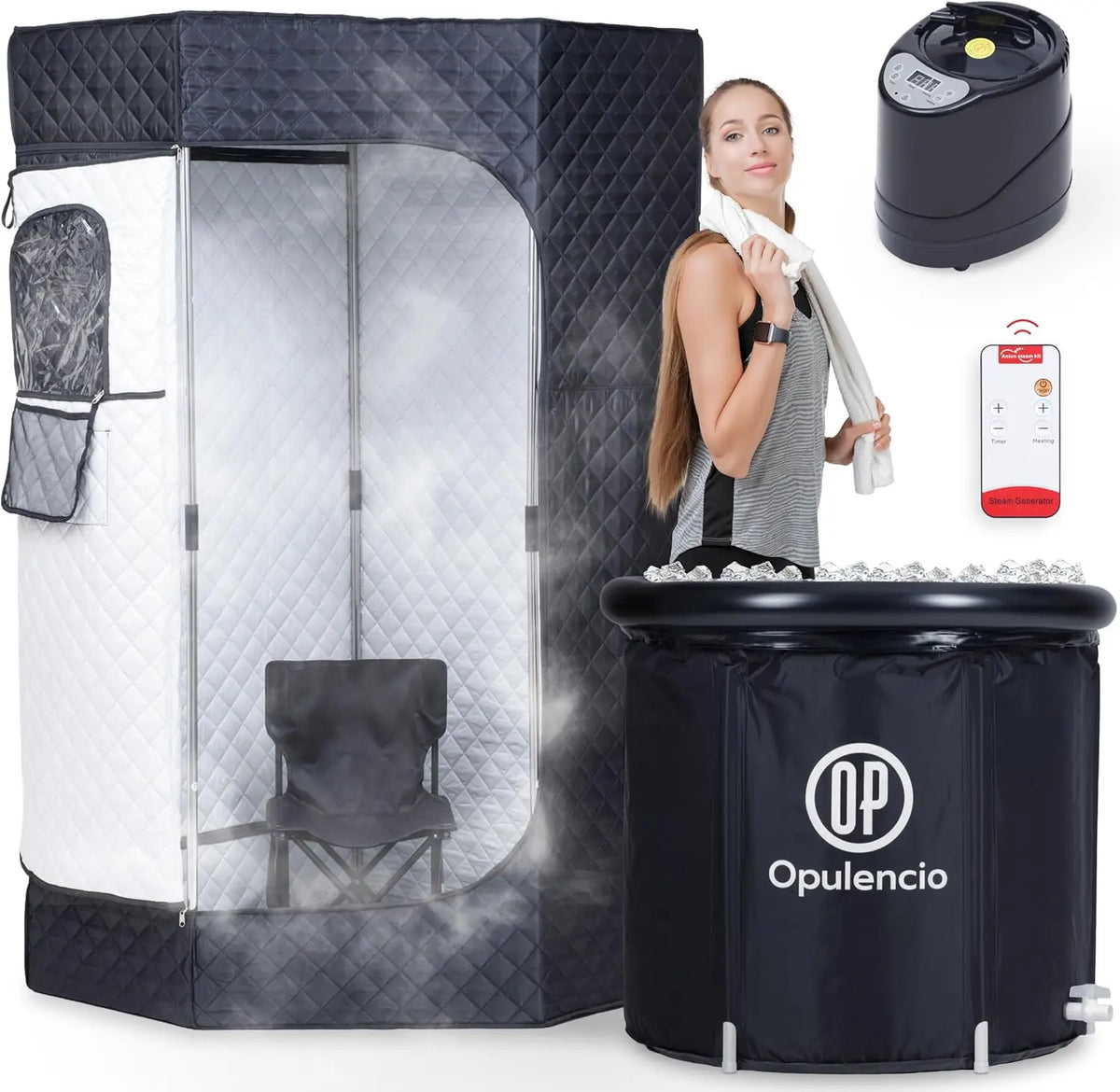 Portable Steam Sauna and Ice Bath Tub Set with Folding Chair