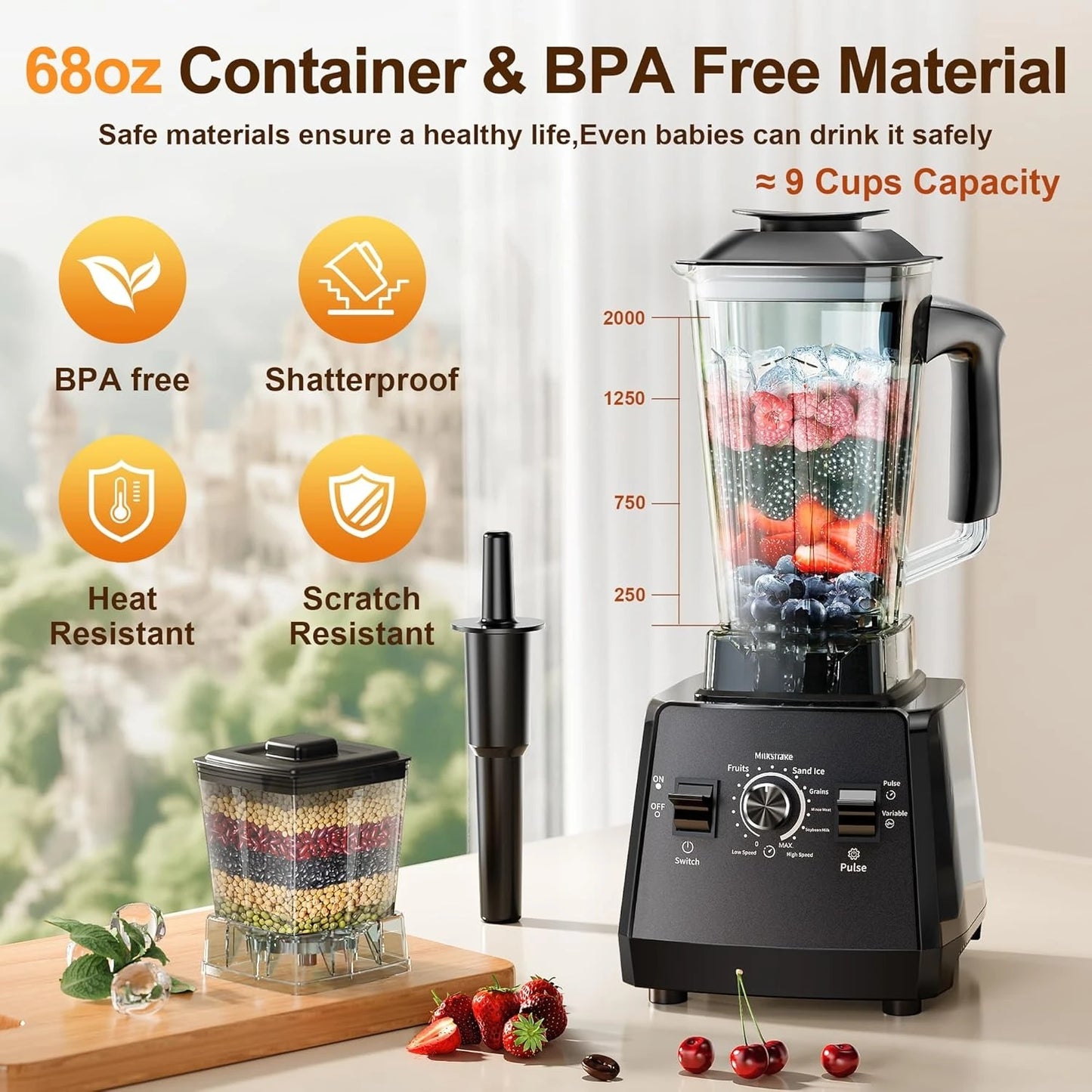 Professional Blender 2400W | 25,000 RPM, 68oz Pitcher, Grinder Jar, 6-in-1 Kitchen Power
