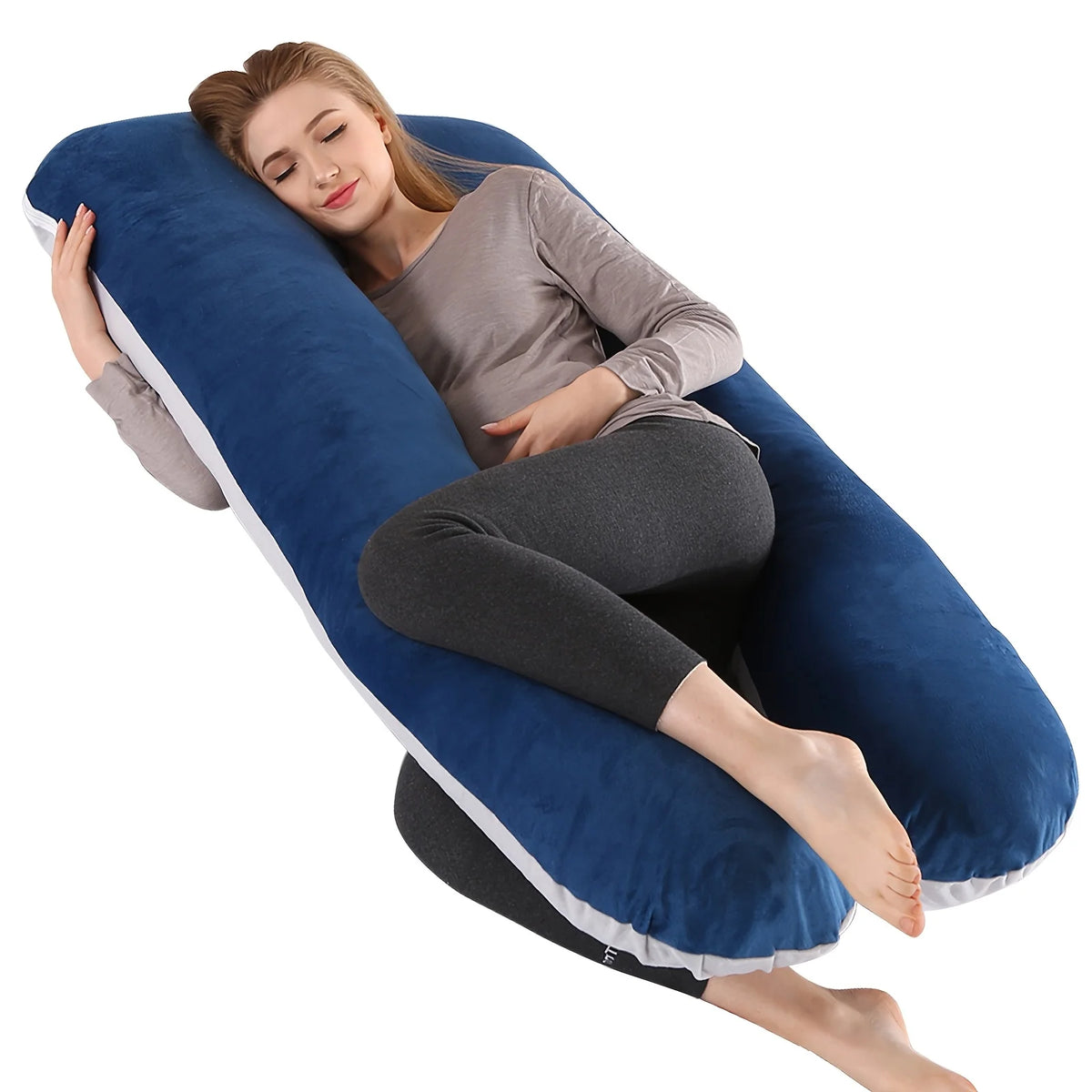 U-Shaped Body Pillow with Removable Fleece Cover blue-gray