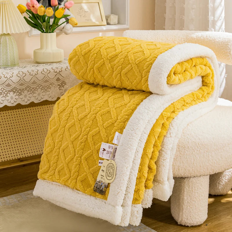 Textured Fleece Blanket with Sherpa-Style Backing Yellow
