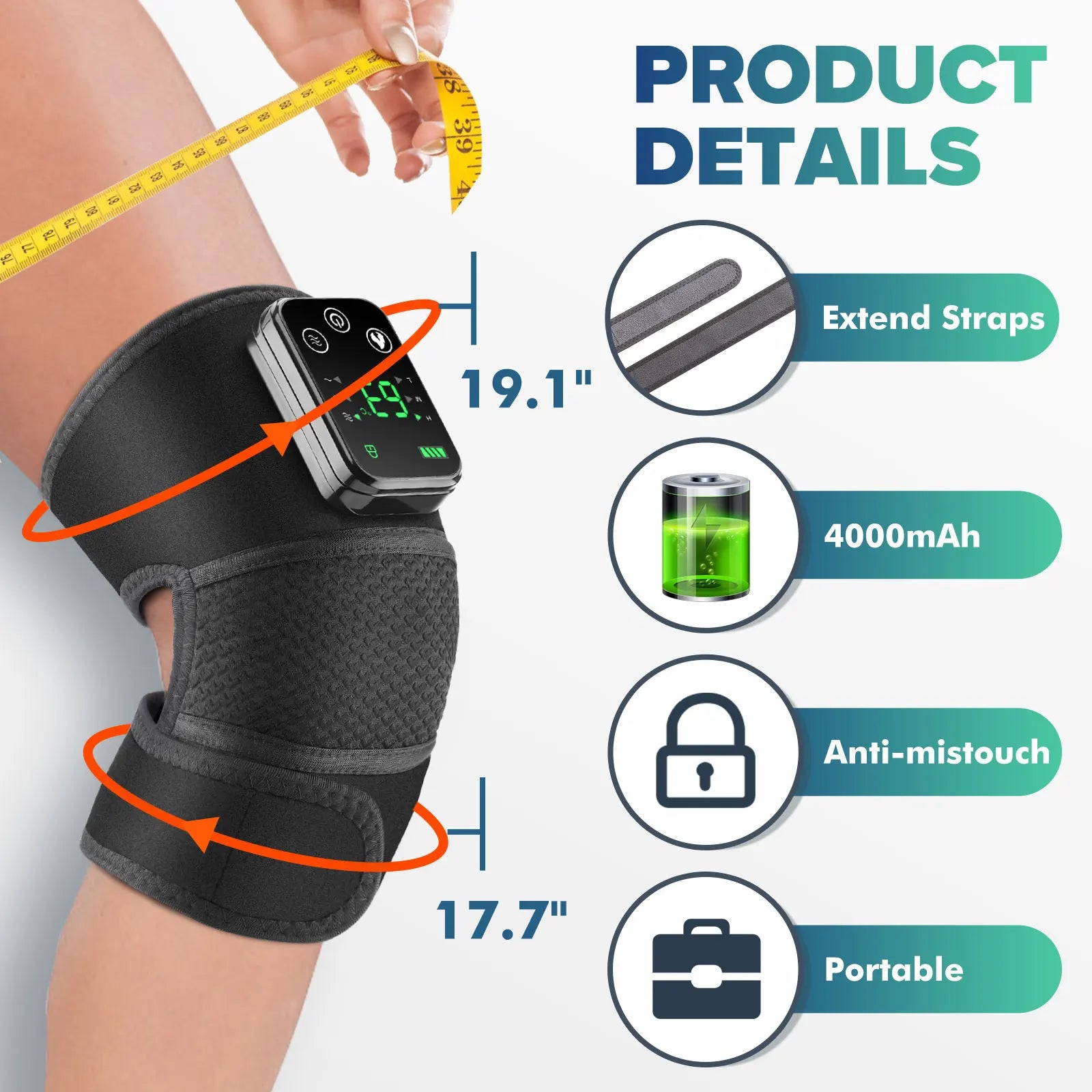 Cordless Heated Knee Massager Pad with Vibration | 3 Heat Levels, 3 Massage Modes, 4000mAh Battery & Adjustable Joint Straps
