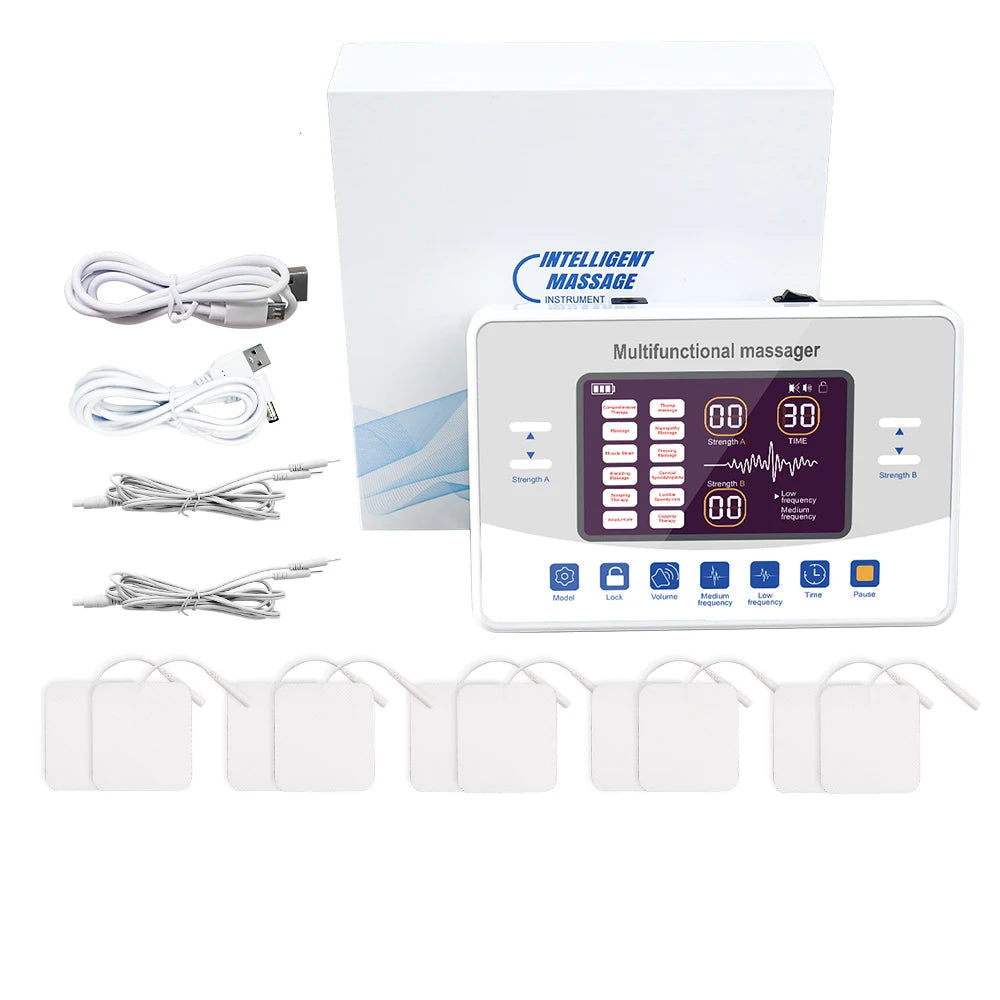 TENS and EMS Muscle Stimulator with 12 Modes, 30 Intensity Levels, Dual Channel Output & USB-C Rechargeable Design
