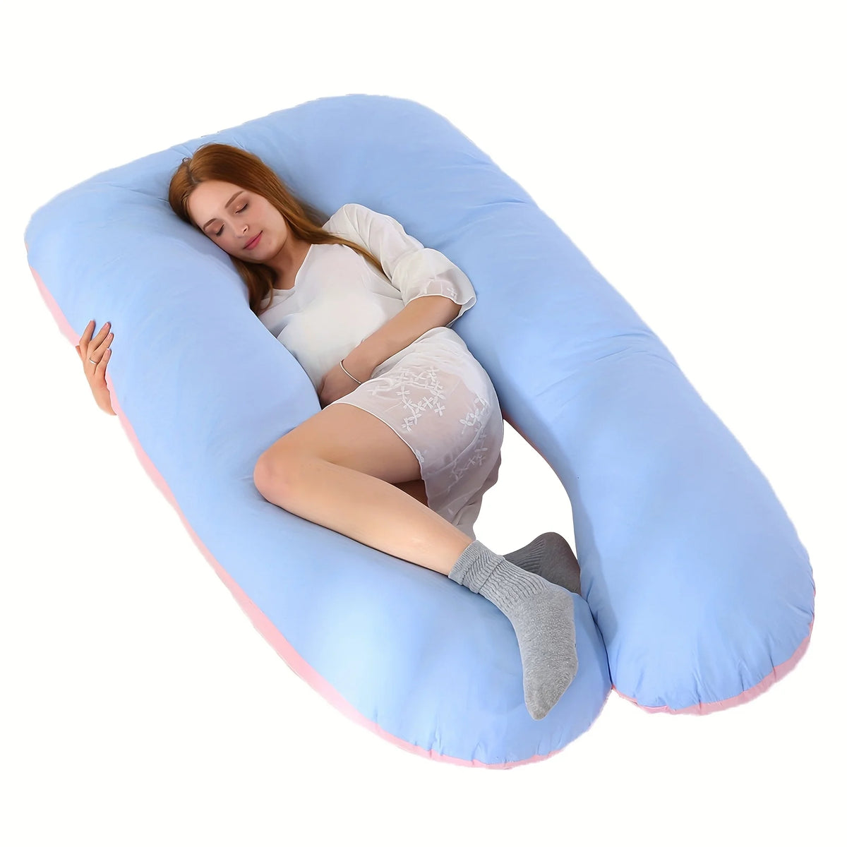 U-Shaped Body Pillow with Removable Fleece Cover blue-pink