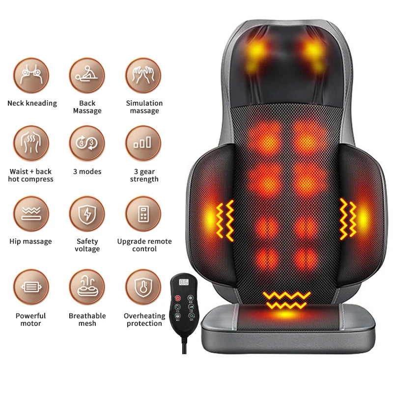 Massage Chair Cushion with Heat | 8D Kneading Neck and Back Massager with Vibration, Lumbar Compression & Remote