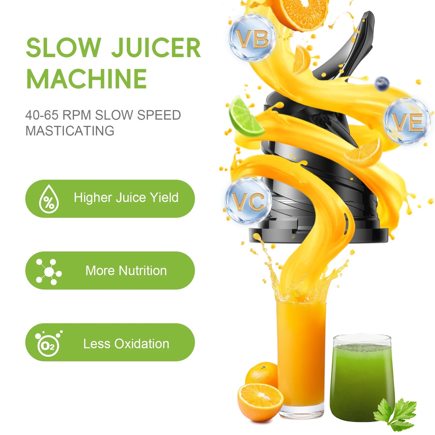 Cold Press Juicer Machine | Wide Chute Slow Masticating Juicer with Quiet Motor, Triple Filter & Easy Clean Rinse Plug | BPA-Free 150W Juicer Extractor