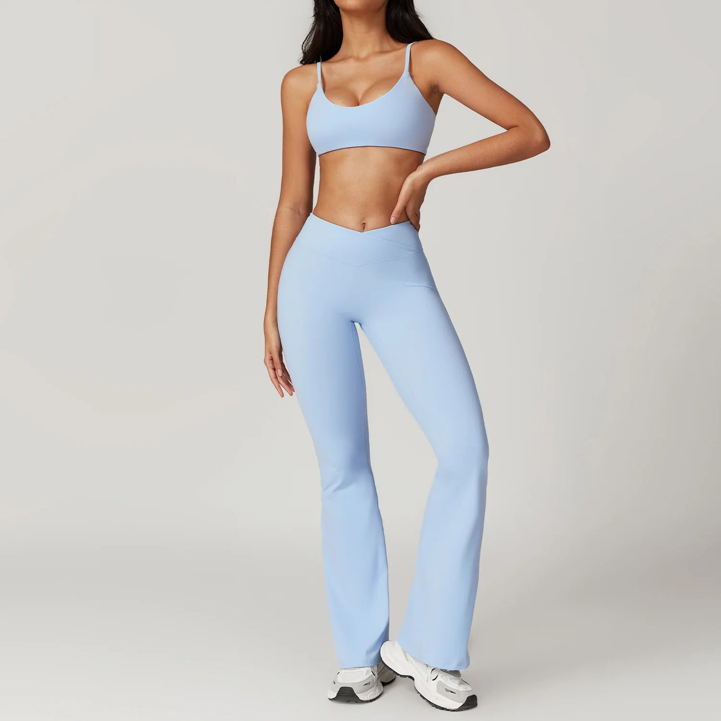 Yoga Set for Women | 2-Piece Short Sleeve Crop Top and High Waisted Leggings Workout Outfit with Quick-Dry Stretch Fabric Sky Blue Set-4