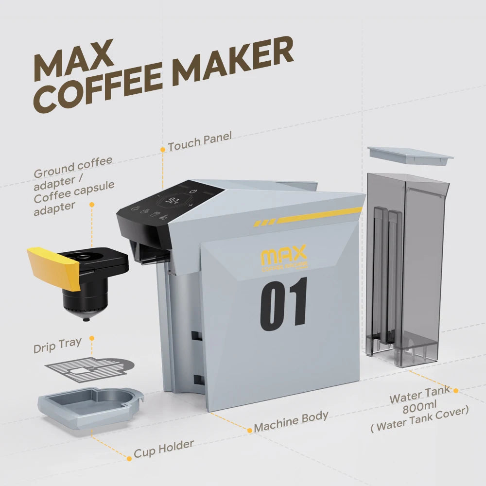 4-in-1 Capsule Coffee Machine for Nespresso, K-Cup & Dolce Gusto | 19-Bar Espresso Maker for Ground Coffee with Hot Water Mode