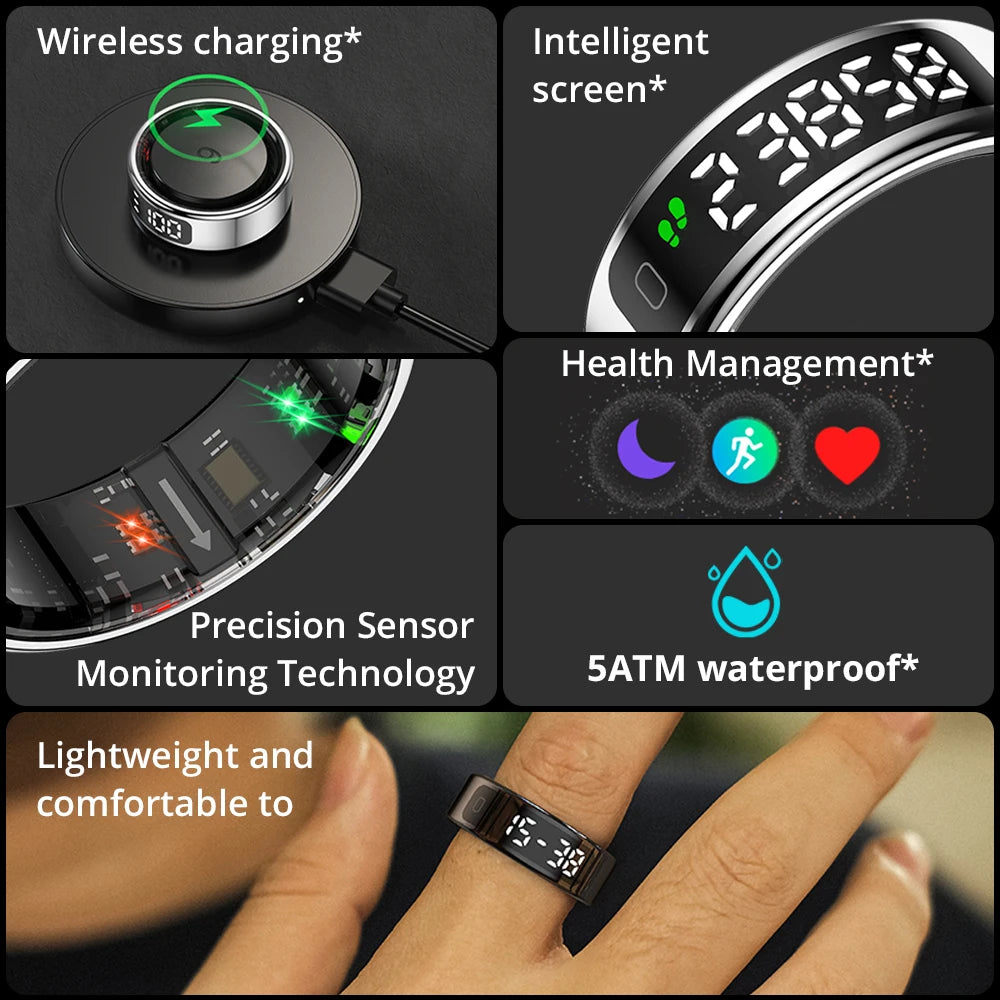Smart Fitness Ring with OLED Display | Heart Rate, SpO₂, Sleep, Stress & Activity Tracking, 5ATM Waterproof and Wireless Charging