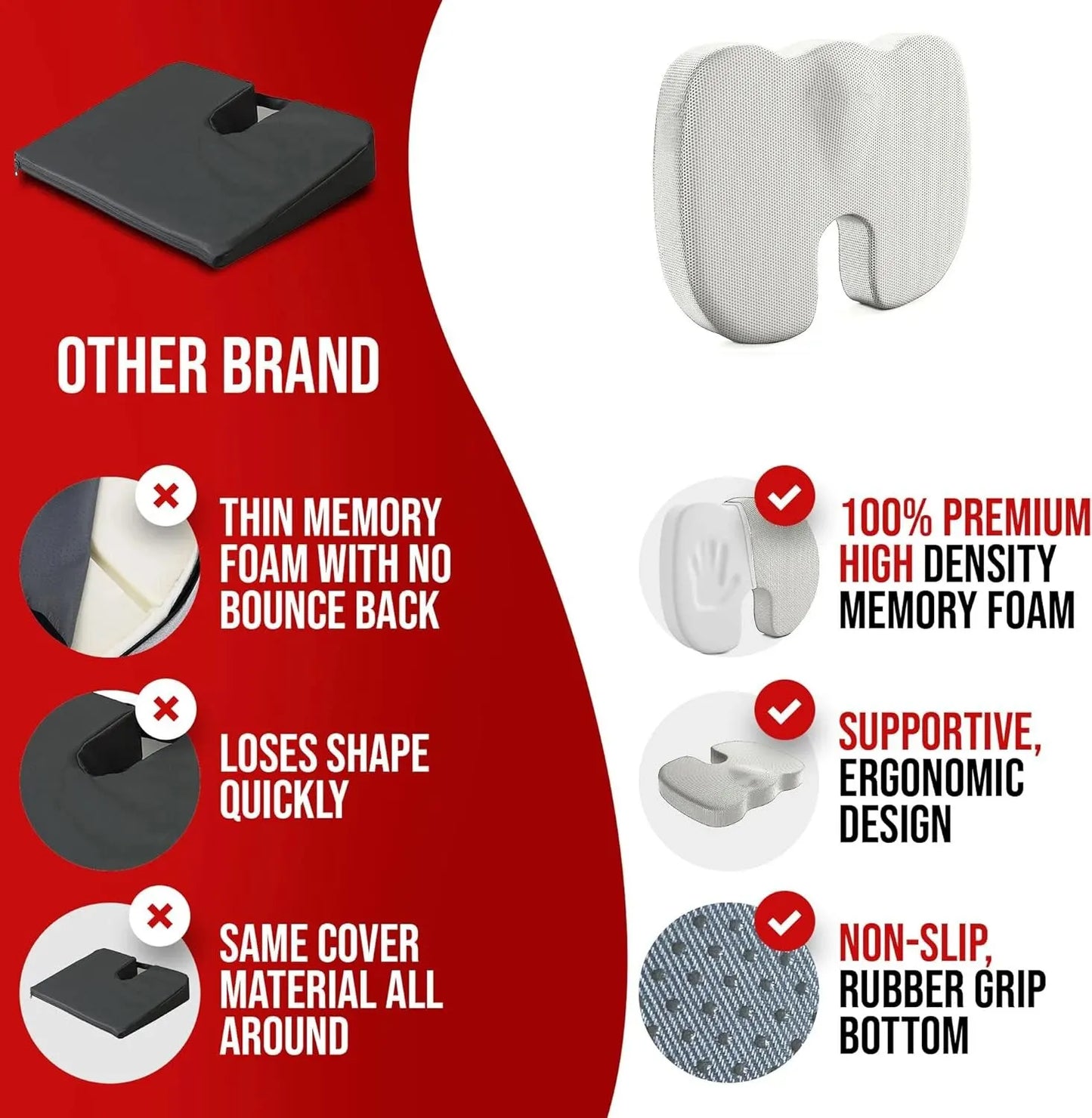 Memory Foam Coccyx Seat Cushion | Ergonomic Office Chair Pillow with U-Shaped Cutout & Removable Washable Cover