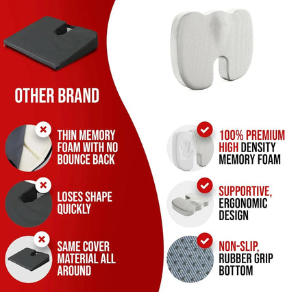 Memory Foam Coccyx Seat Cushion | Ergonomic Office Chair Pillow with U-Shaped Cutout & Removable Washable Cover