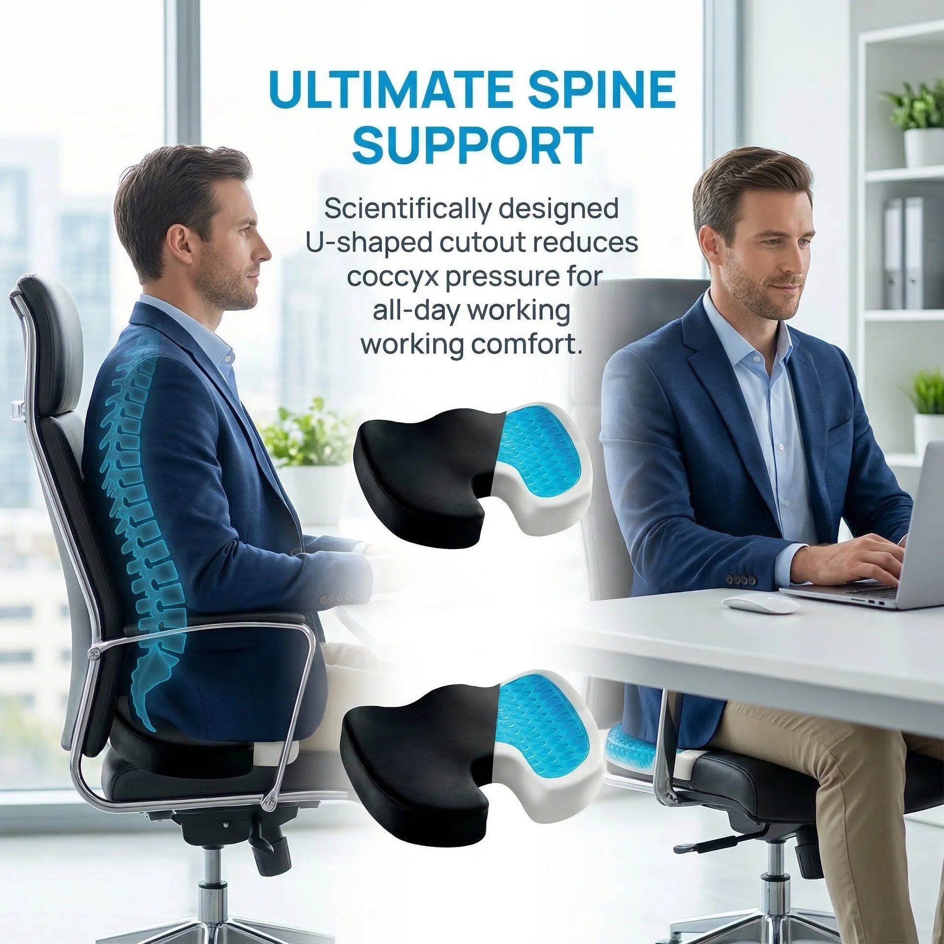 Cooling Gel Memory Foam Seat Cushion | Coccyx Cutout Office Chair Pillow with Non-Slip Base & Breathable Cover