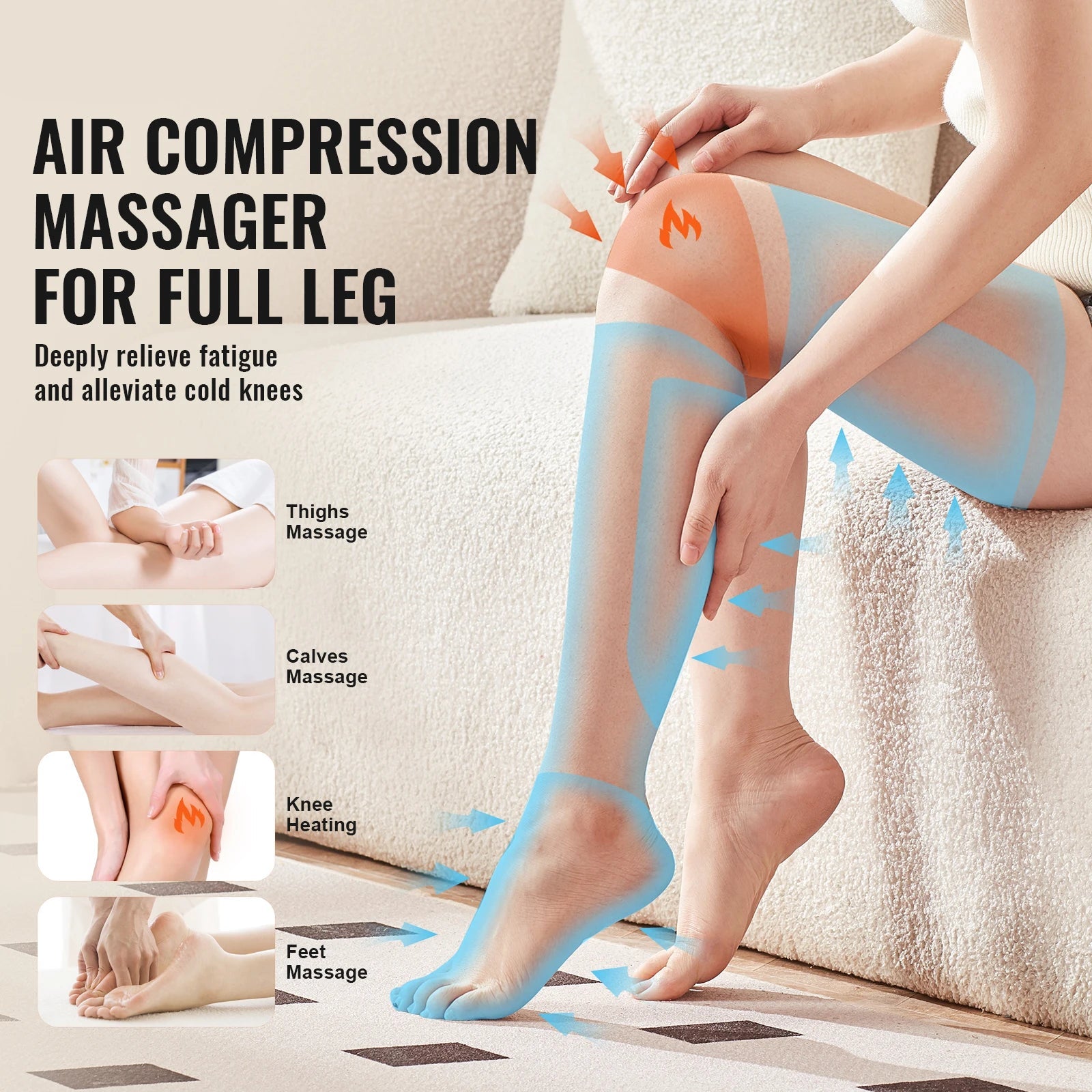 Leg Compression Massager with Heat | Full Foot, Calf & Thigh Air Compression Wraps with 3 Modes, 3 Intensities & Knee Heating