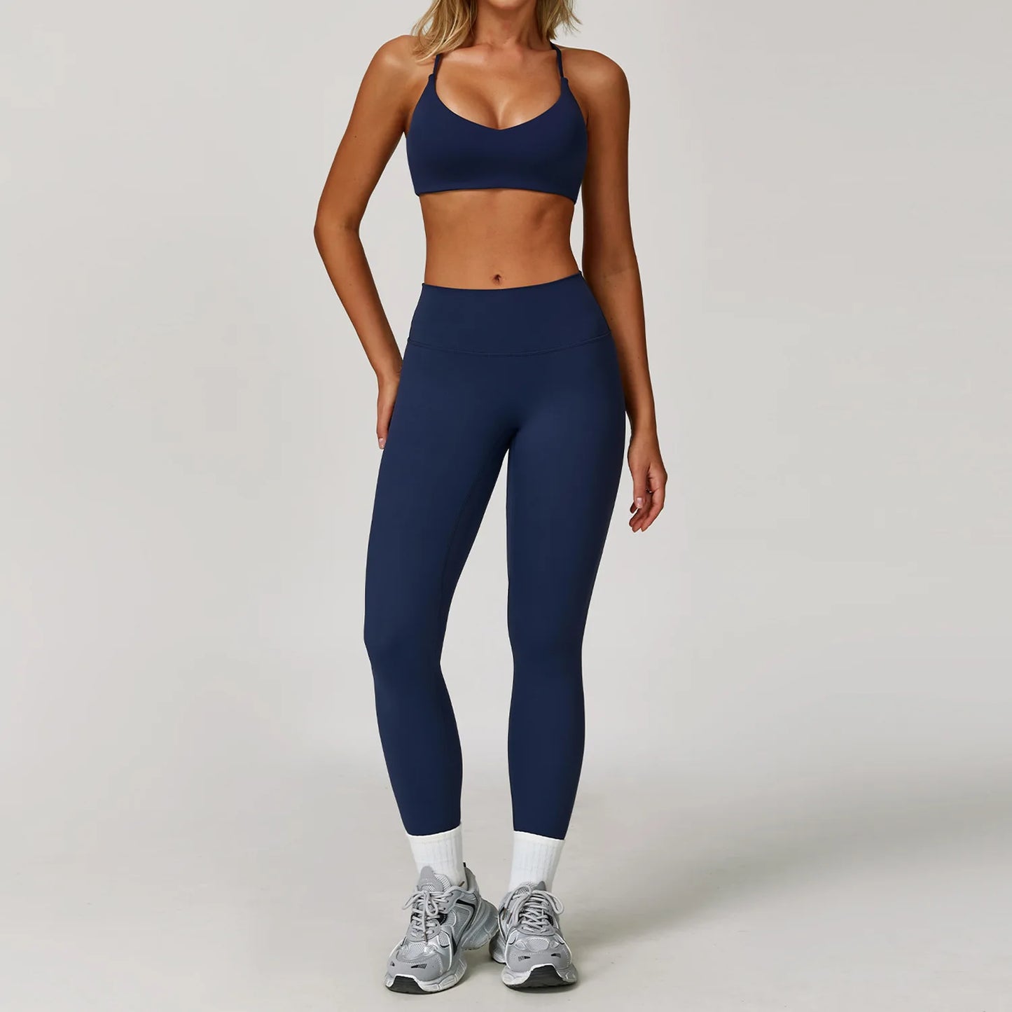 Seamless Yoga Set for Women | Long Sleeve Sports Bra and Leggings Workout Set with Breathable Stretch Fabric Badge Blue 2PCS-3