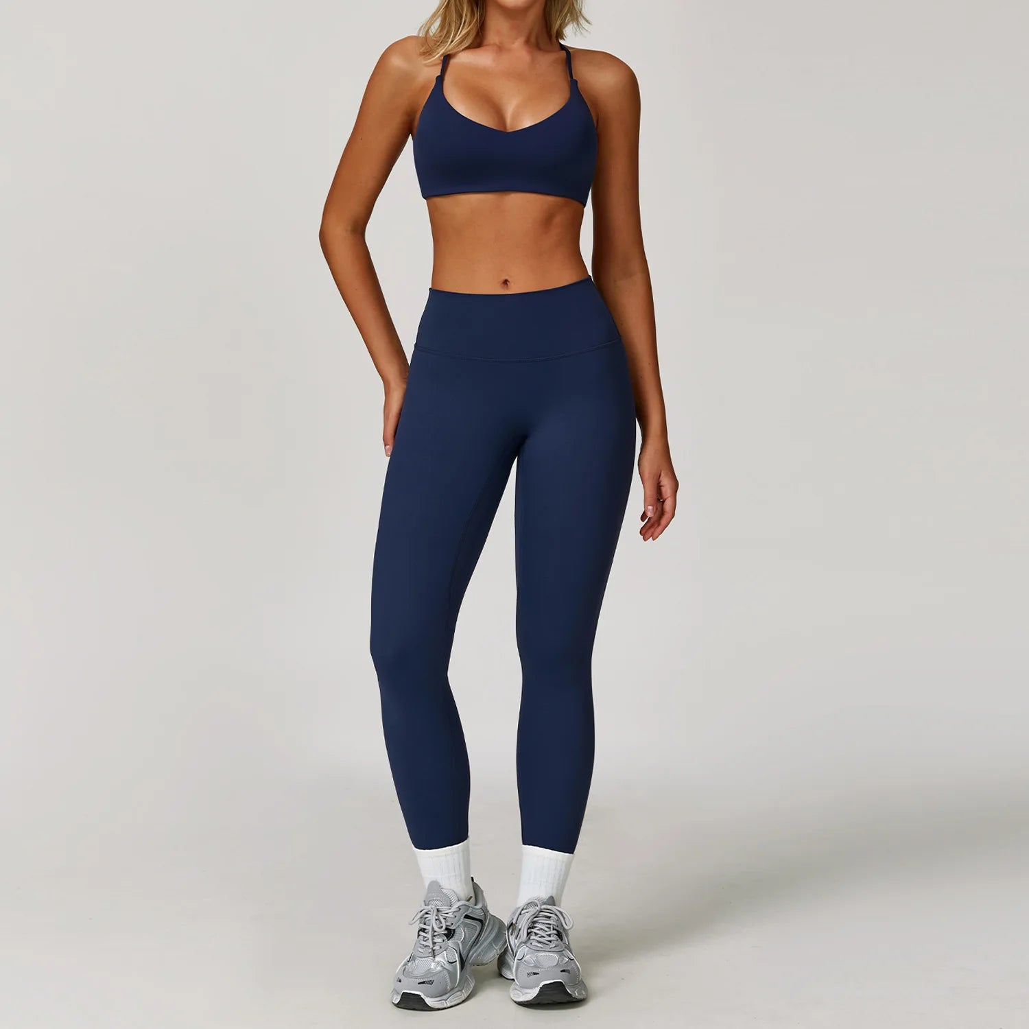 Seamless Yoga Set for Women | Long Sleeve Sports Bra and Leggings Workout Set with Breathable Stretch Fabric Badge Blue 2PCS-3
