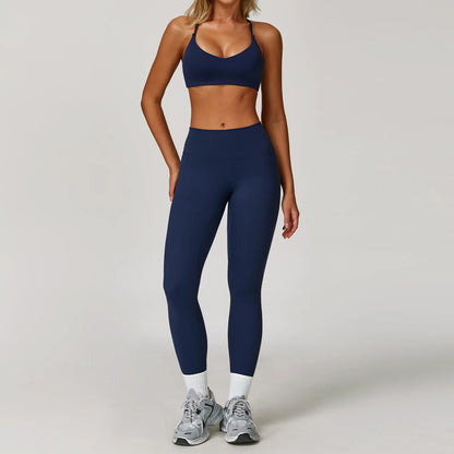 Seamless Yoga Set for Women | Long Sleeve Sports Bra and Leggings Workout Set with Breathable Stretch Fabric Badge Blue 2PCS-3