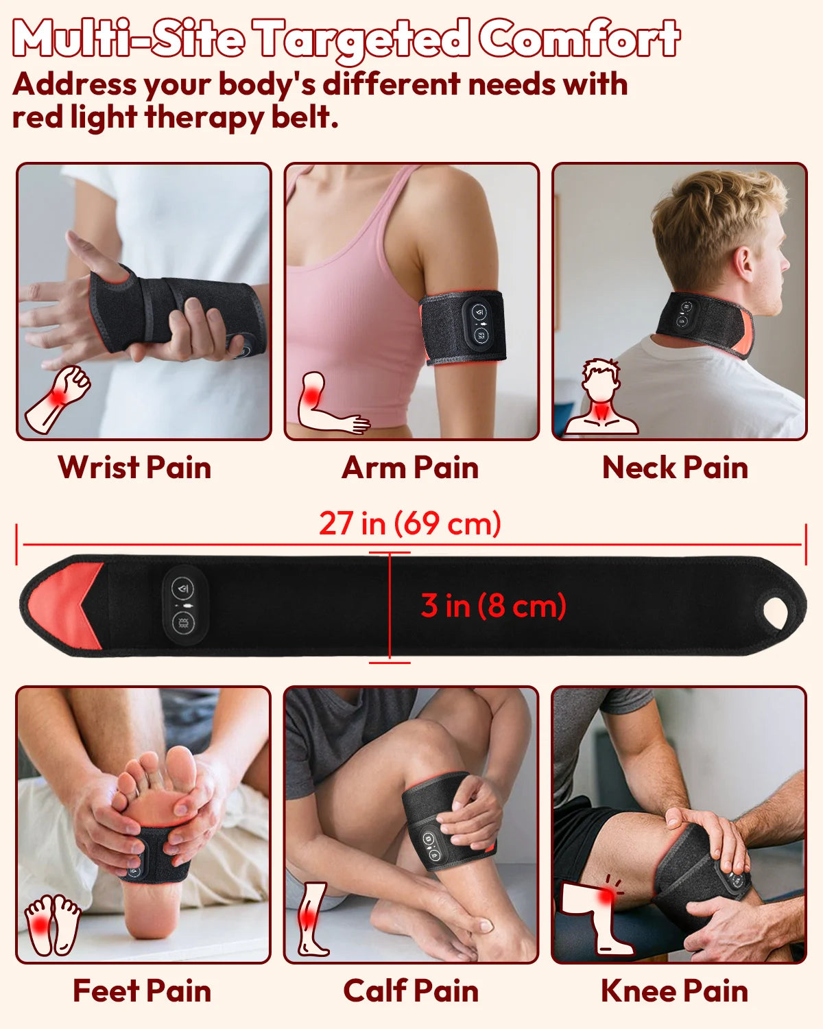 Red Light Therapy Wrap | Infrared Heating Pad with Vibration, 3 Heat Levels, USB-C Rechargeable & Adjustable Fit