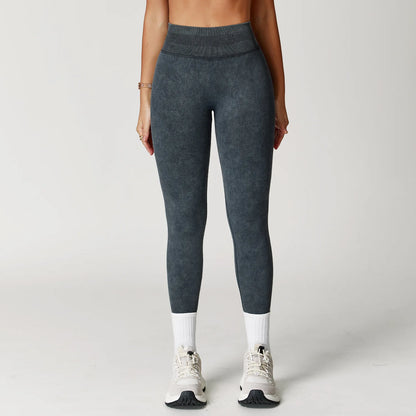 Seamless Yoga Leggings for Women | High Waisted Ribbed Workout Leggings with Stretch Compression Fit Sand washing black