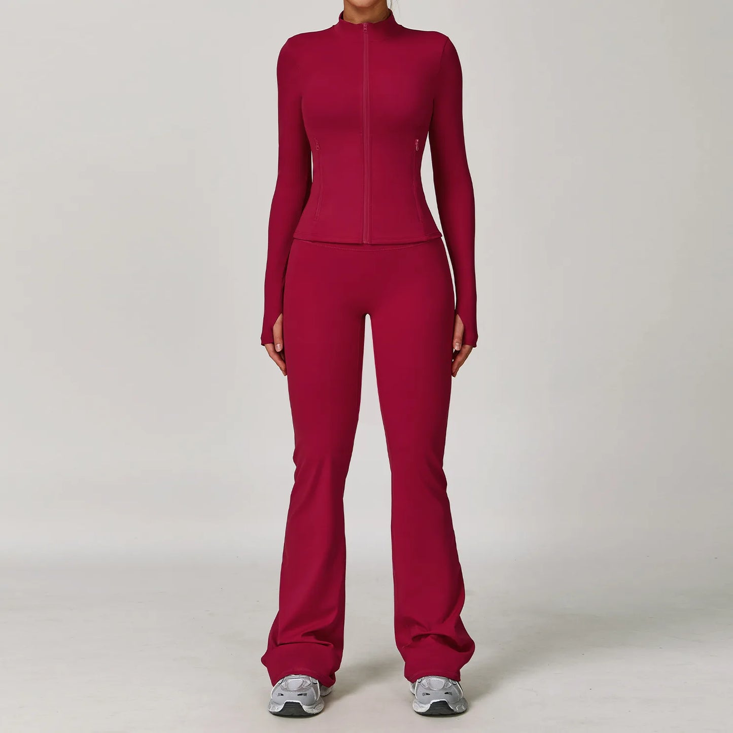 Seamless Yoga Set for Women | Long Sleeve Sports Bra and Leggings Workout Set with Breathable Stretch Fabric Raspberry Red 2PCS-4