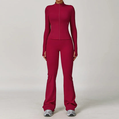 Seamless Yoga Set for Women | Long Sleeve Sports Bra and Leggings Workout Set with Breathable Stretch Fabric Raspberry Red 2PCS-4