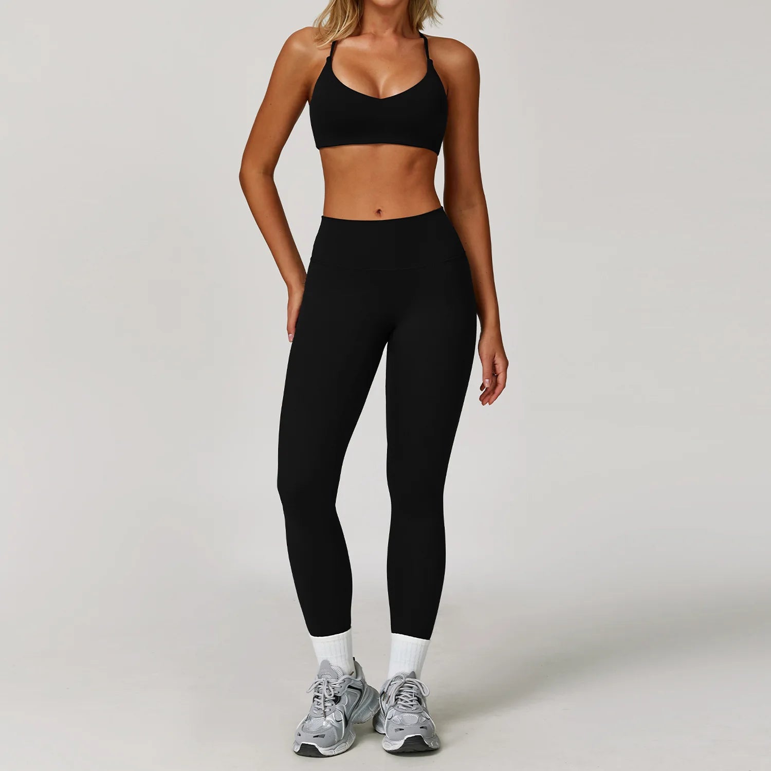 Seamless Yoga Set for Women | Long Sleeve Sports Bra and Leggings Workout Set with Breathable Stretch Fabric Black 2PCS-3