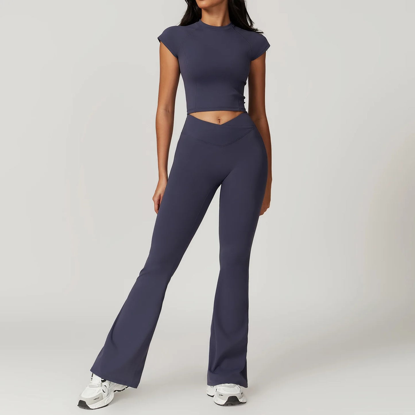 Yoga Set for Women | 2-Piece Short Sleeve Crop Top and High Waisted Leggings Workout Outfit with Quick-Dry Stretch Fabric Blue gray Set-2
