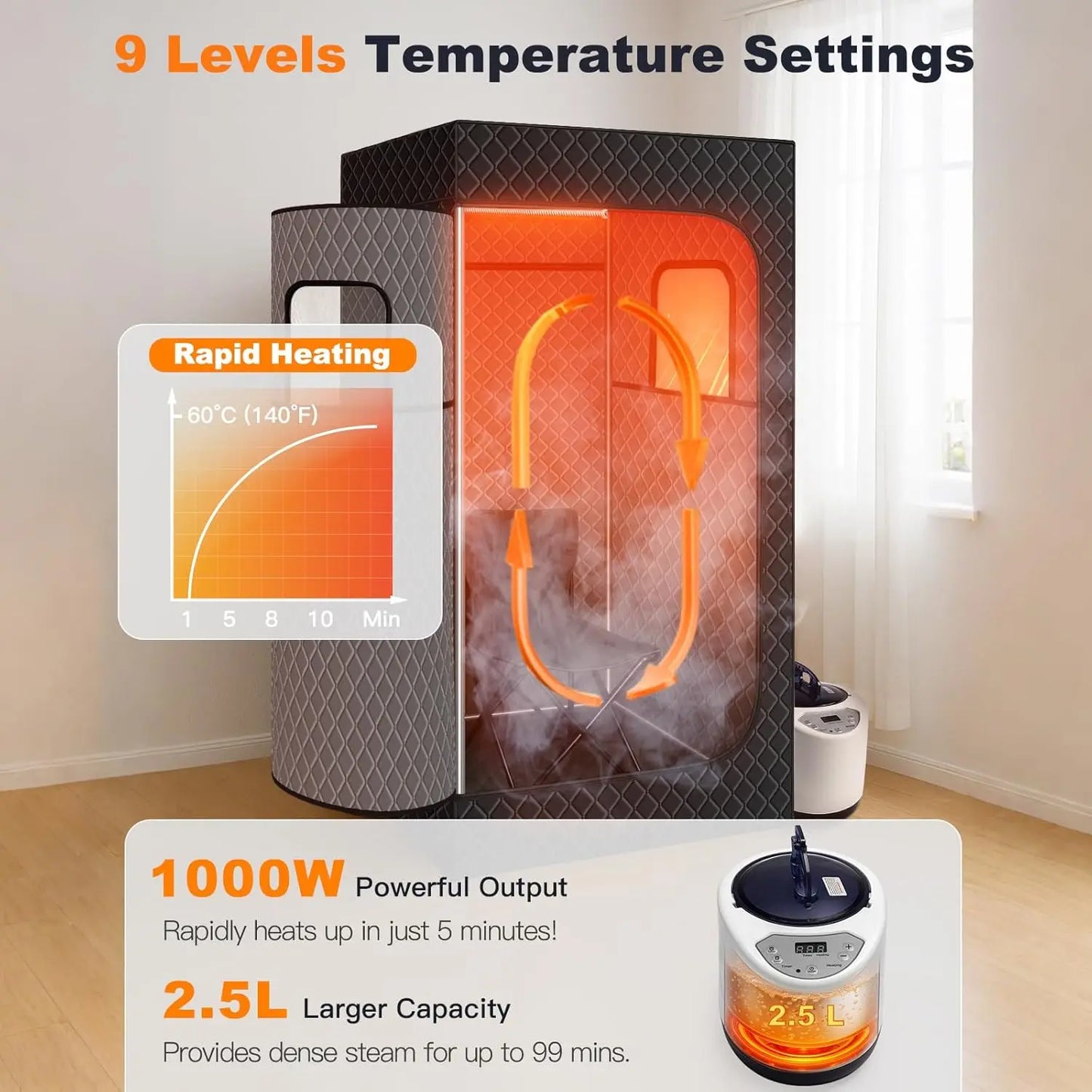 Portable Steam Sauna Tent | Infrared Home Sauna with 2.5L Steam Generator, Chair, 9 Heat Levels & 99-Min Timer