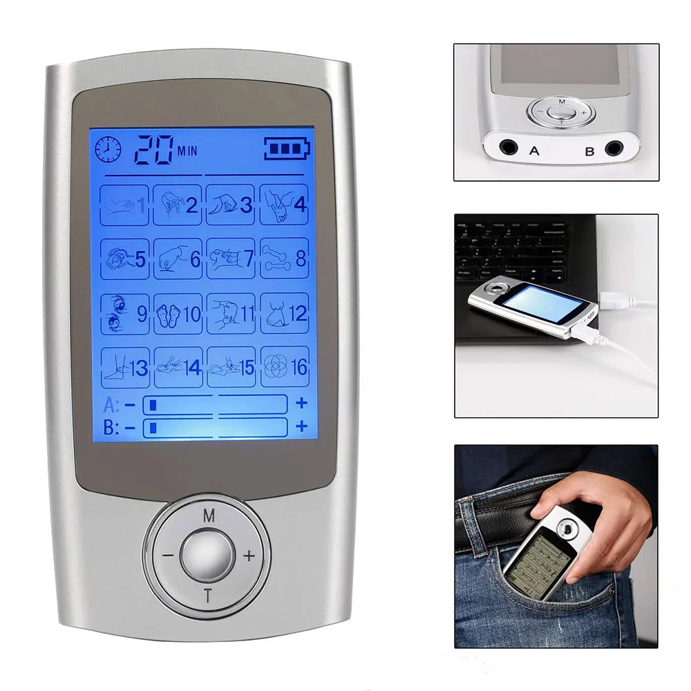 Portable TENS & EMS Pain Relief Massager | Dual Channel Muscle Stimulator with 16 Modes, 10 Intensity Levels, Rechargeable for Back & Neck Pain