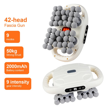 42-Head Deep Tissue Massage Gun with Red Light Heat | 9 Modes, 9 Intensities & Dual-Handle Full Body Fascia Massager