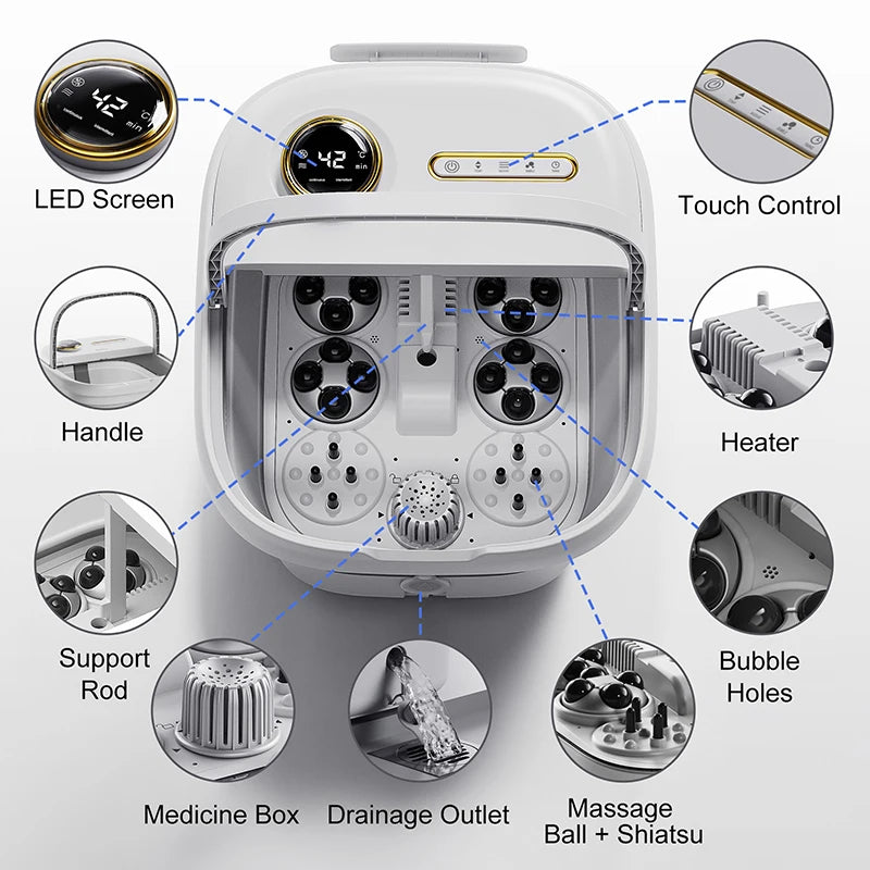 Foldable Heated Foot Spa Bath Massager with Bubbles, 4 Rollers & Red Light | 95–118°F Temperature Control, Timer & Drain